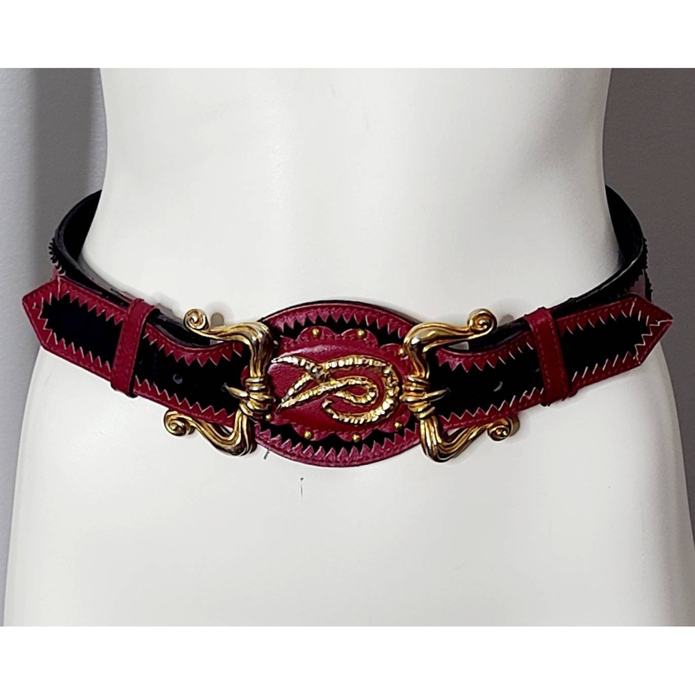 Vintage Christian Lacroix Burgundy and Gold Leather Belt, 27 inch to 30" waist